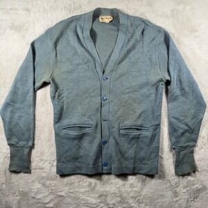 Vintage Revere Mens Blue 100% Wool Button Front Cardigan Sweater Distressed 42